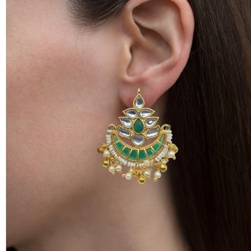 JWELLA Gold Plated Traditional Kundan and Emerald Green Stones Studded Chandbali Design Stud Earrings For Women Festive & Wedding - Image 3