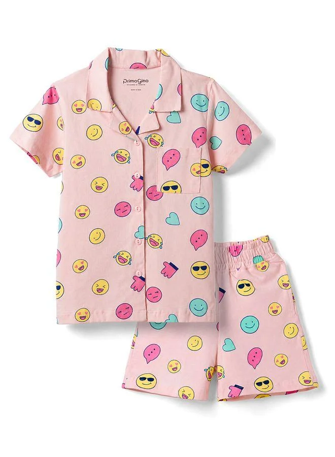 Primo Gino Primo Gino 100% Cotton Knit Half Sleeves Emojis Printed Shirt & Shorts Night Suit - Pink