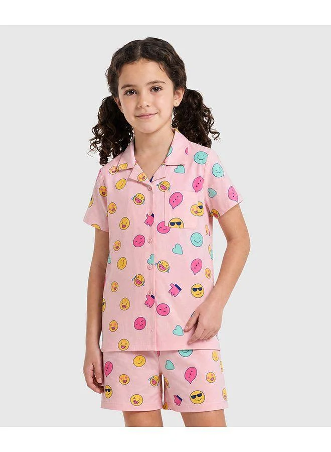 Primo Gino Primo Gino 100% Cotton Knit Half Sleeves Emojis Printed Shirt & Shorts Night Suit - Pink