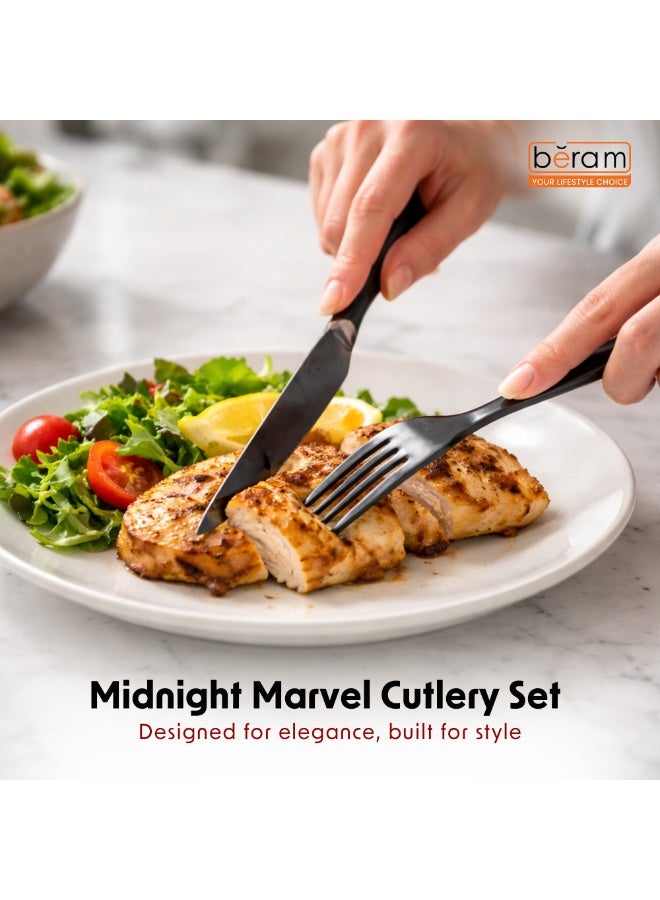 BERAM Midnight Marvel Cutlery Set 4 Pcs Stainless Steel Flatware Set Kitchen Utensils Set Tableware Set For Home Restaurants Hotels -  Black with Marble Polish Finish - Image 3