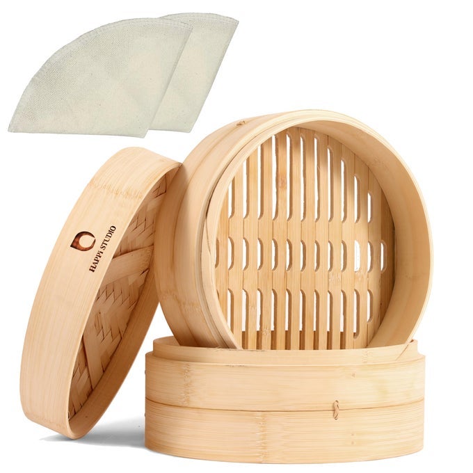 BAMBOO STEAMER 2TIER 10 INCH FOR COOKING DIM SUM MOMO RICE CHINESE BASKET FOR BAO BUN DUMPLINGS JAPANESE STEAMING