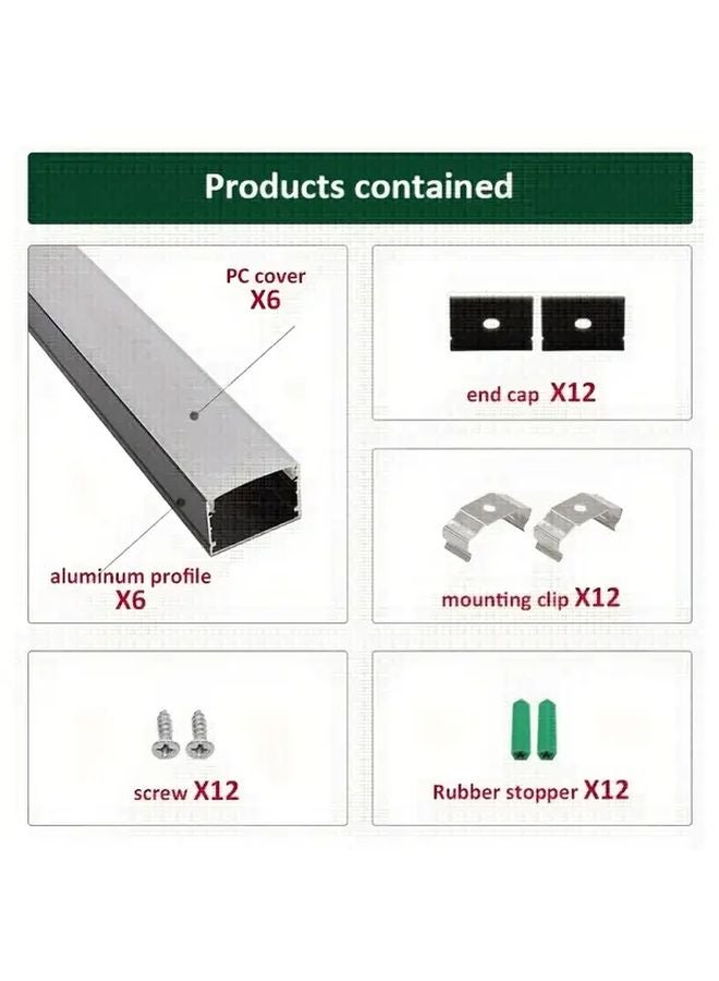 6Pcs Black Aluminum LED Channel System With White Diffuser Cover Mounting Clips - Image 3