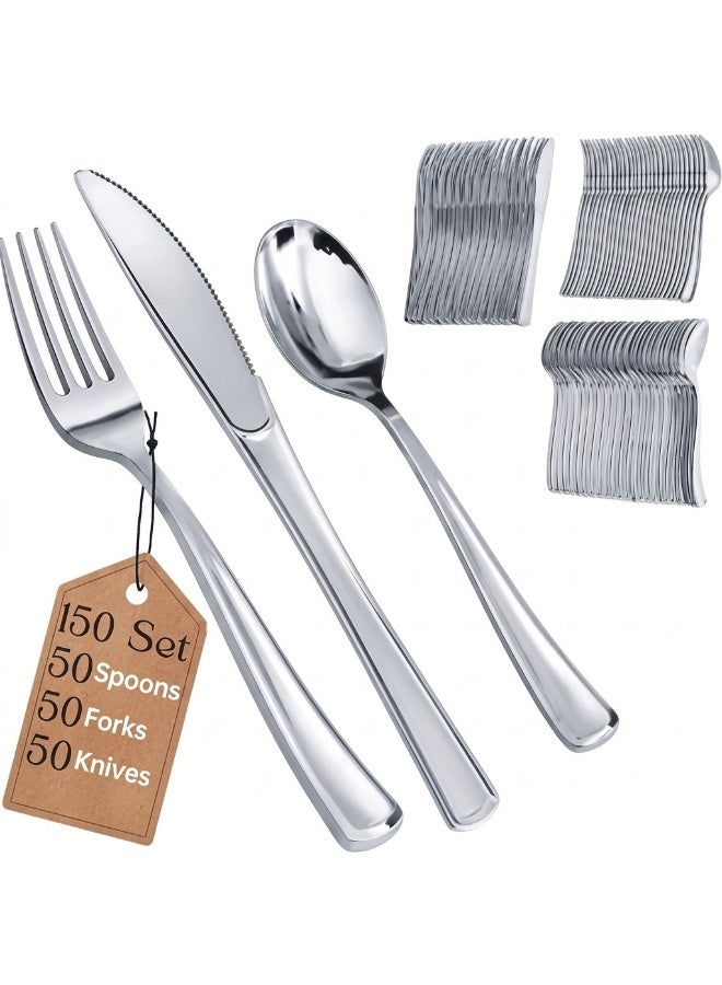 4basix Premium Silver Plastic Cutlery Set, 150 Piece Flatware Collection With 50 Spoons 50 Forks And 50 Knives, Reusable Dining Tableware Set For Home Kitchen Events Catering And Serving - Image 3