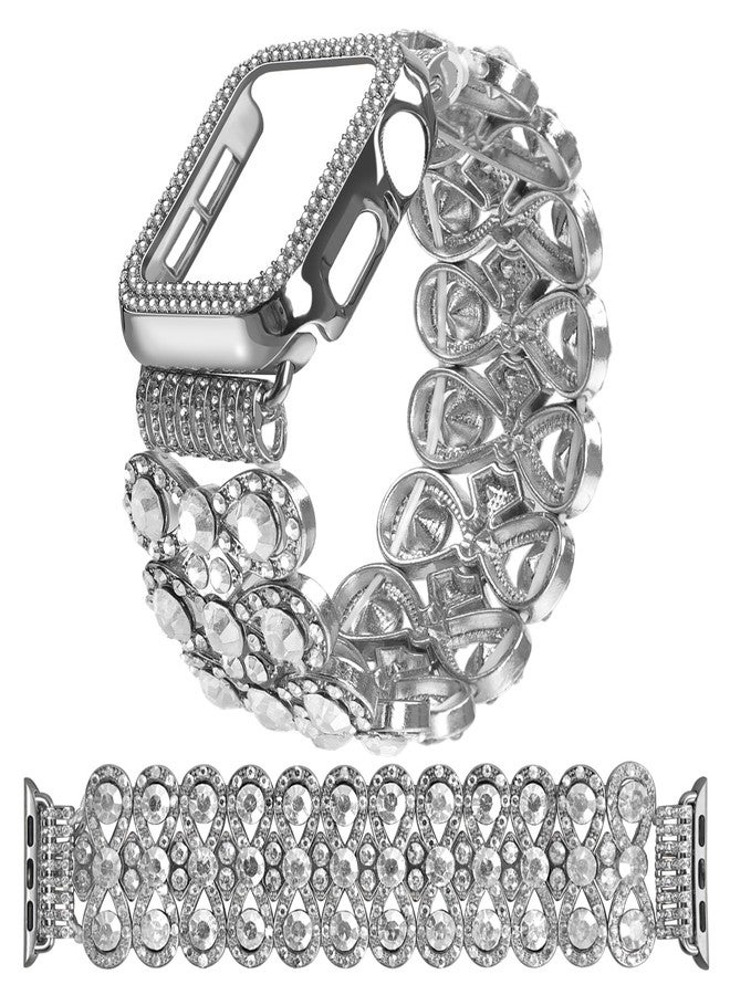 VIQIV Bling Dressy Bracelet with Case Compatible with Apple Watch Bands 38mm 40mm 41mm 42mm 44mm 45mm 49mm for Women Strethy, Stretch Smart Watch Bands for Women, Cute Jewelry Metal Wristband Strap for iWatch Ultra 2/Ultra Series 9/8/7/6/5/4/3/2/1/SE - Image 1