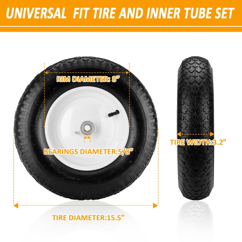 Generic aledaras 4.80/4.00-8" Air Filled Wheelbarrow Tire,Heavy-Duty Replacement Tire and Inner Tube Set with 3/4 & 5/8 Wheel Bearing and Spacer Kit included,Tubed Tires Non-Slip for Garden Cart Wagon - Image 2