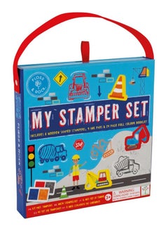 Floss & Rock Floss & Rock Construction Stamper Set - Kids Creative Activity Kit includes Wooden shaped stamper, Ink Pads and Color Booklet  - Image 1