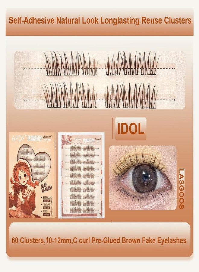 LASGOOS Brown Self Adhesive False Eyelashes 60 Clusters Press On Eyelash LASGOOS Natural Curl 3D Lash Individual 10-12mm Pre-Glued DIY Eyelash Extensions COSPLAY MANGA No Glue/Remover Needed Fake Lashes Idol - Image 2