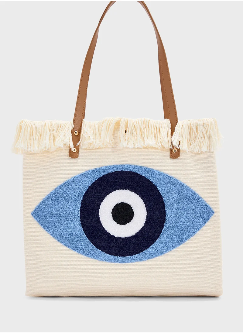 Ginger Frayed Edge Evil Eye Canvas Shopper Bag
