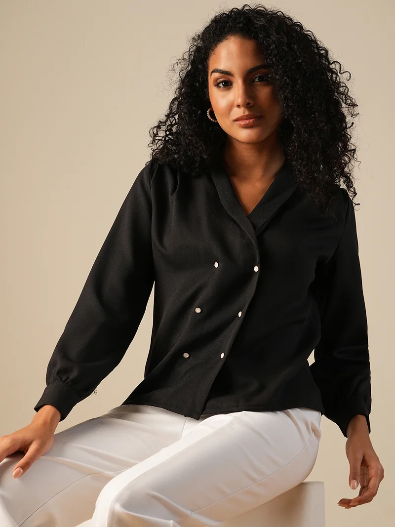 globus Women Shawl Lapel Cuffed Sleeves Double Breasted Workwear Blazer Shirt