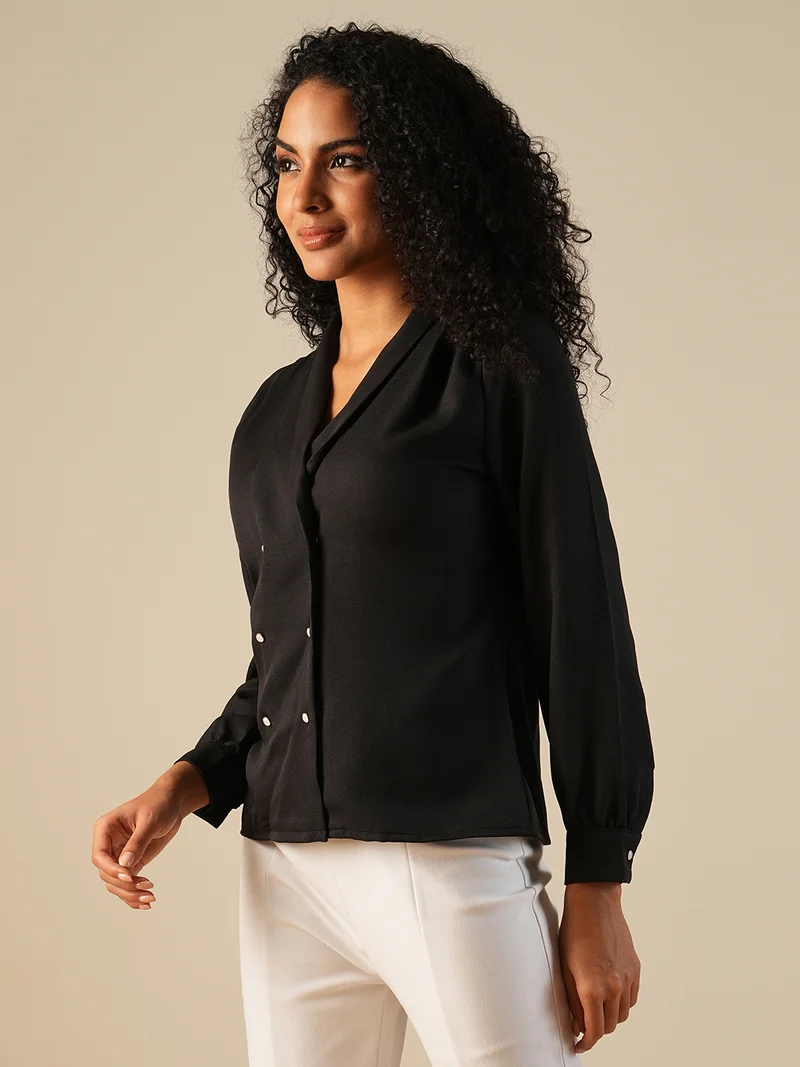 globus Women Shawl Lapel Cuffed Sleeves Double Breasted Workwear Blazer Shirt