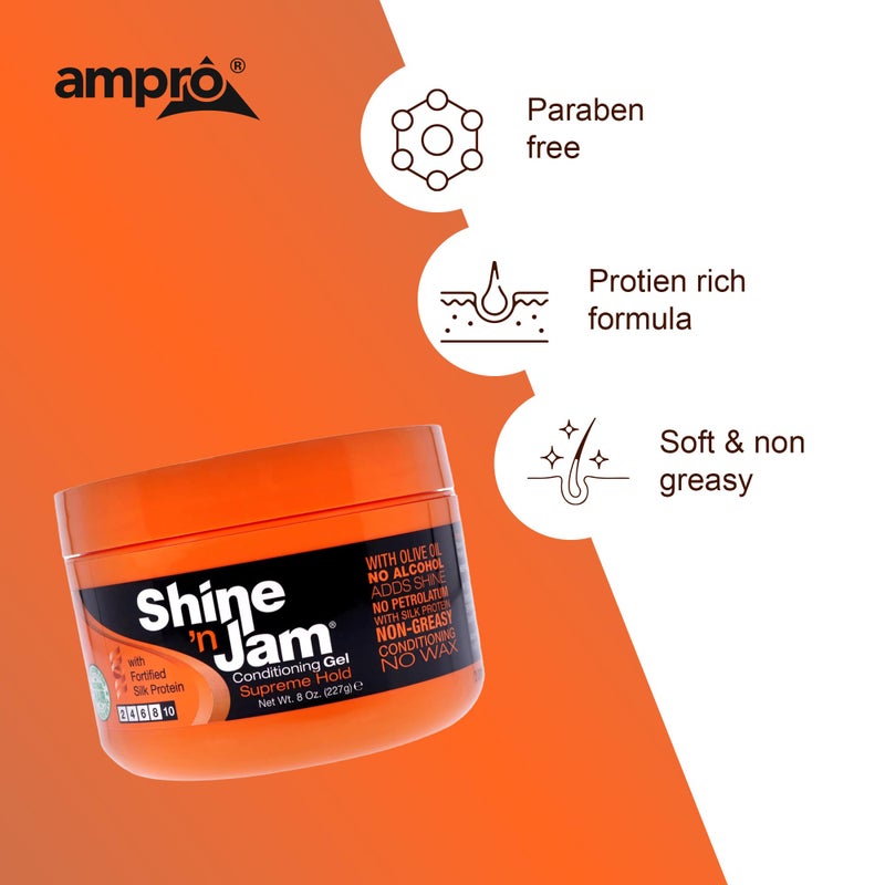 Shine 'n Jam Ampro Shine-n-Jam Supreme Hold - Conditions Hair with Olive Oil and Silk Protein - Great for Smoothing Fringe, Ponytails, and Up-dos - Firms Tresses with Non-Greasy Shine - 8 oz - Image 5