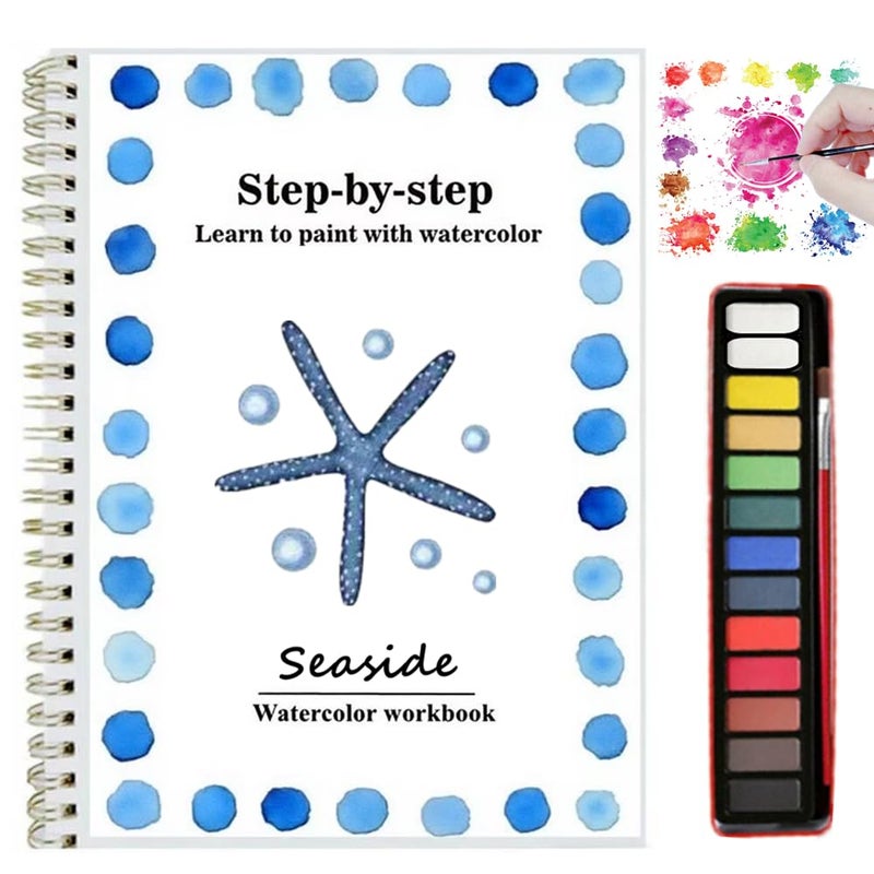 Oyvoyv Watercolor Workbooks With 12 Illustractions Beginner Friendly Coloring Book Painting Kit Easy Nature Scenes Paint Set For Creative Exploration Gift For Adults Teens (Seaside  With Palette) - Image 1