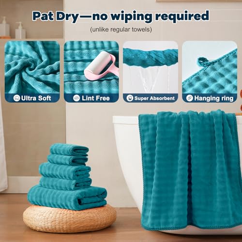 COZYART Lint Free Towel Sets 8 Pcs Teal, Super Soft, Thick, Absorbent & Quick Dry Microfiber 3D Bubble Bathroom Daily Use Set with 2 Bath Towels, 2 Hair Towels, 2 Hand Towels, 2 Washcloths - Image 3