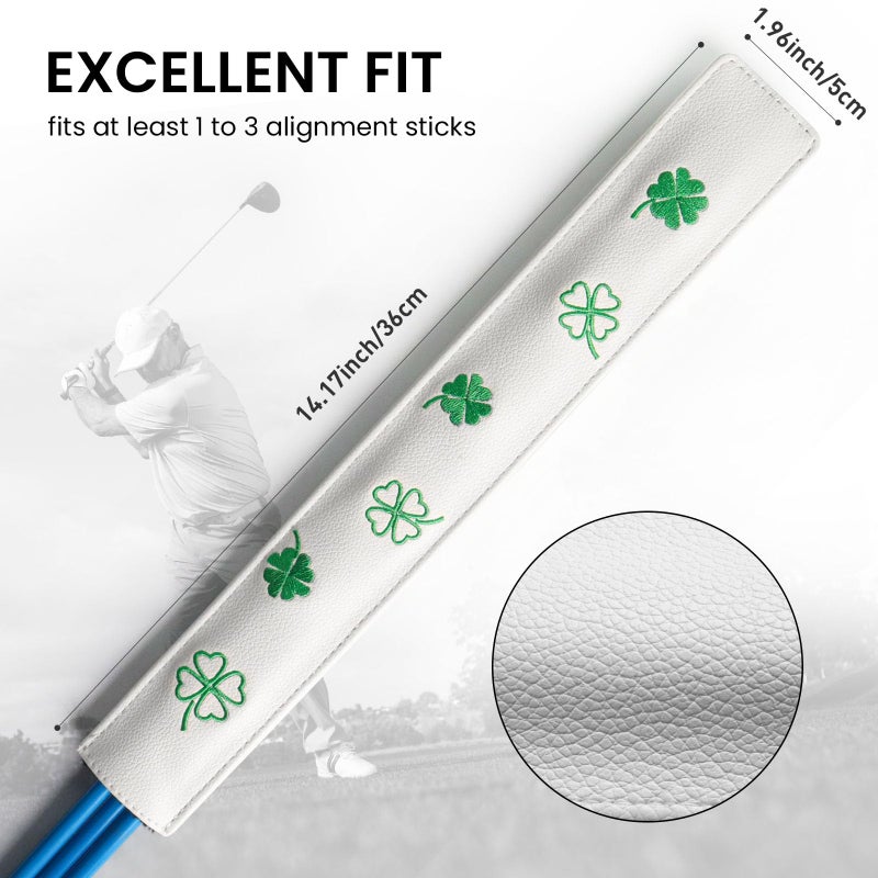 FINGER TEN Golf Alignment Stick Cover Rods Holder Case Leather 14''× 2'' Hold at Least 2 Sticks (White-Lucky Clover) - Image 3