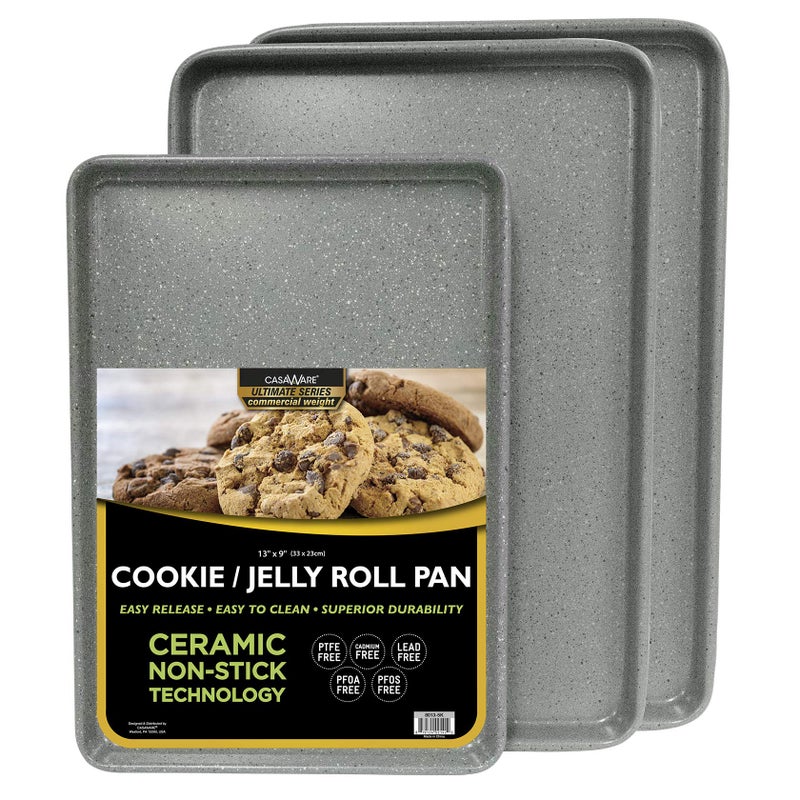 طقم صواني بسكويت تجارية 3 قطع من كاسا وير - صينيتين بحجم 15 × 10 بوصة وصينية واحدة بحجم 13 × 9 بوصة - لون رمادي فضي