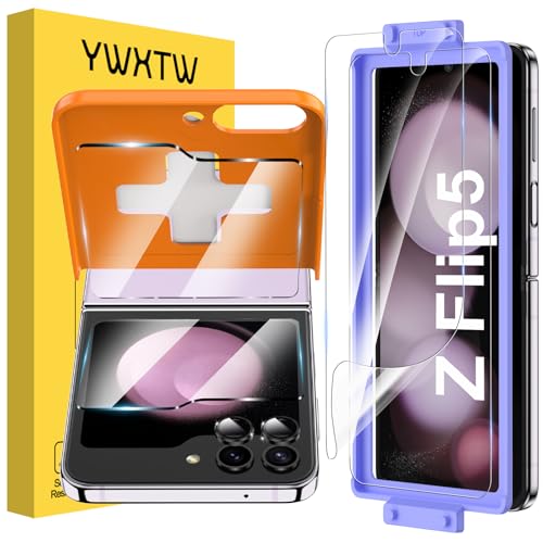 YWXTW [ 2023 Upgraded Alignment Tool for Samsung Galaxy Z Flip 5 Screen Protector, 2 Pack Inner Soft EPU + 2 Pack Front Tempered Glass + 2 PCS Metal Camera Lens Protector, Case Friendly - Image 1