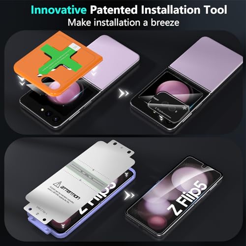 YWXTW [ 2023 Upgraded Alignment Tool for Samsung Galaxy Z Flip 5 Screen Protector, 2 Pack Inner Soft EPU + 2 Pack Front Tempered Glass + 2 PCS Metal Camera Lens Protector, Case Friendly - Image 2