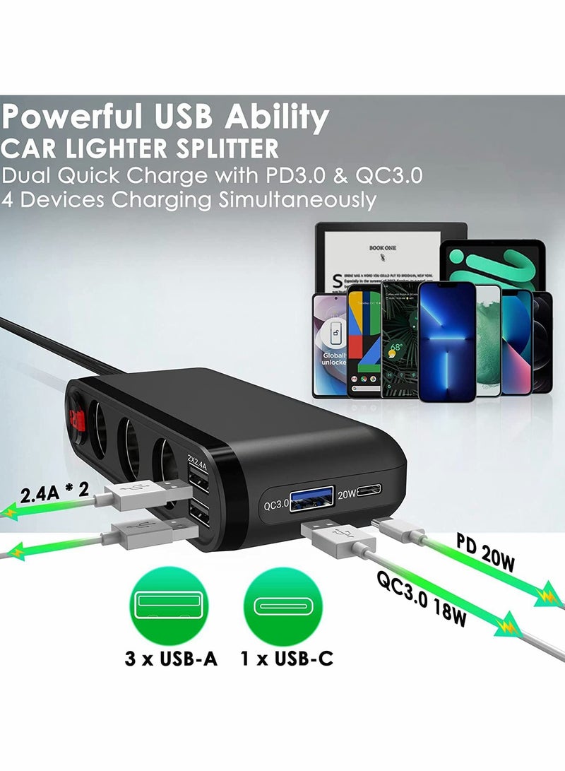 محول شاحن السيارة 200 واط مع 3 مقابس و USB C PD3.0 QC3.0، شاشة LED لعرض الجهد، محول 12 فولت/24 فولت مع سلك تمديد - Image 3