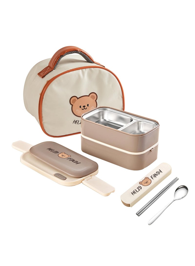 XiuWoo Bento Lunch Box Set with Bag Stainless Steel Lunch Containers for Adults Two Layers Stackable Bento Boxes with Compartment Microwave Dishwasher Freezer Safe,Coffee  - Image 1