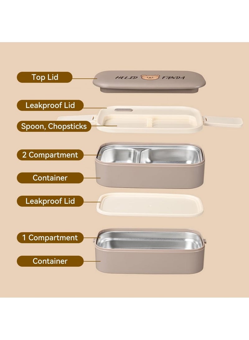 XiuWoo Bento Lunch Box Set with Bag Stainless Steel Lunch Containers for Adults Two Layers Stackable Bento Boxes with Compartment Microwave Dishwasher Freezer Safe,Coffee  - Image 3