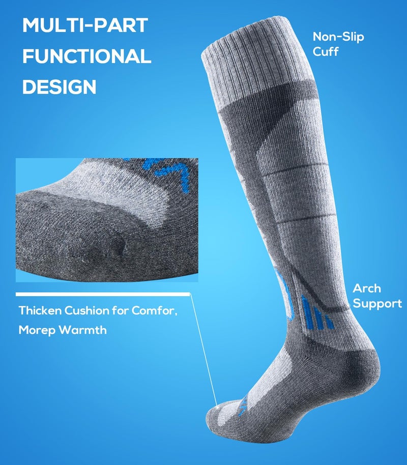 WEIERYA Ski Sock Merino Wool Ski Socks Mens Womens Skiing & Snowboarding Socks, Over The Calf, Grey Medium 2 Items - Image 2