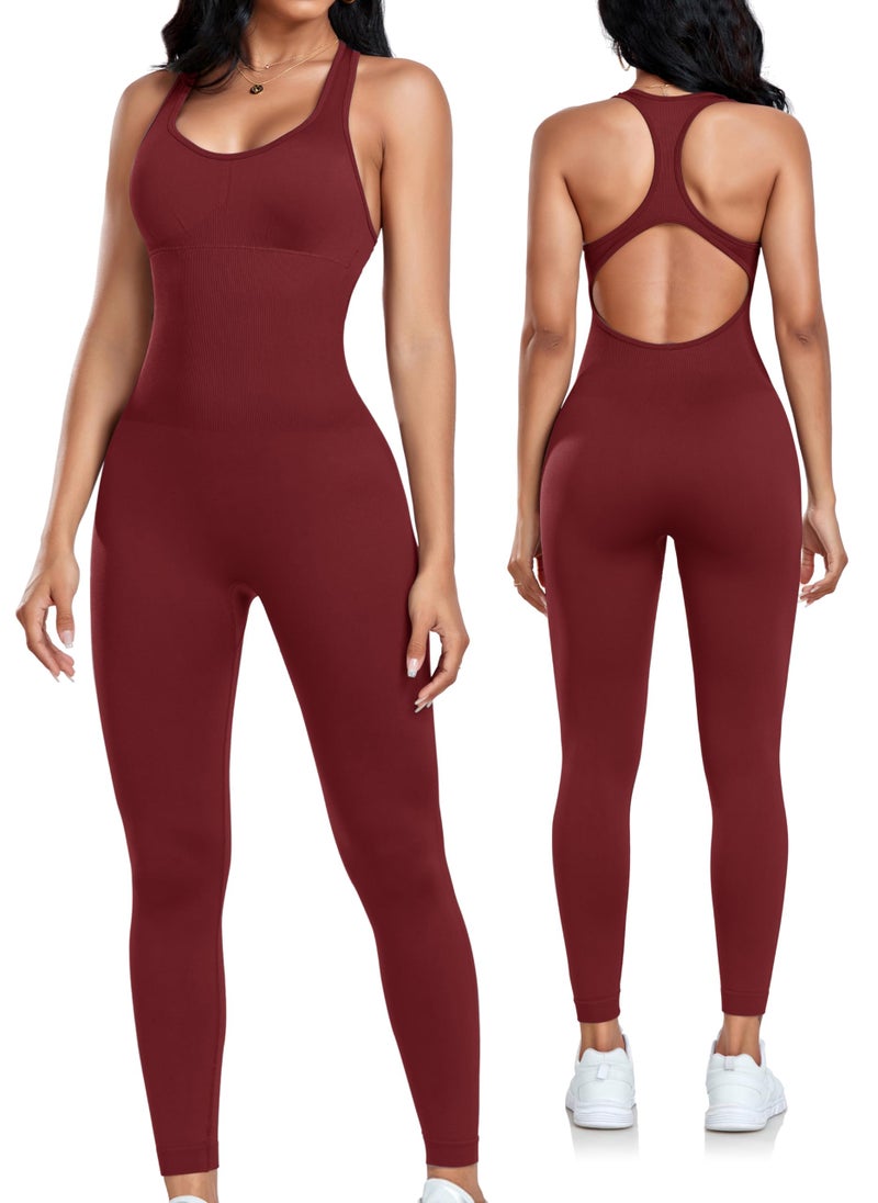 OLCHEE Womens Workout Jumpsuits Seamless Yoga Gym Bodycon Rompers Sexy Racerback Tummy Control Padded Bra Unitard - Red Small - Image 1
