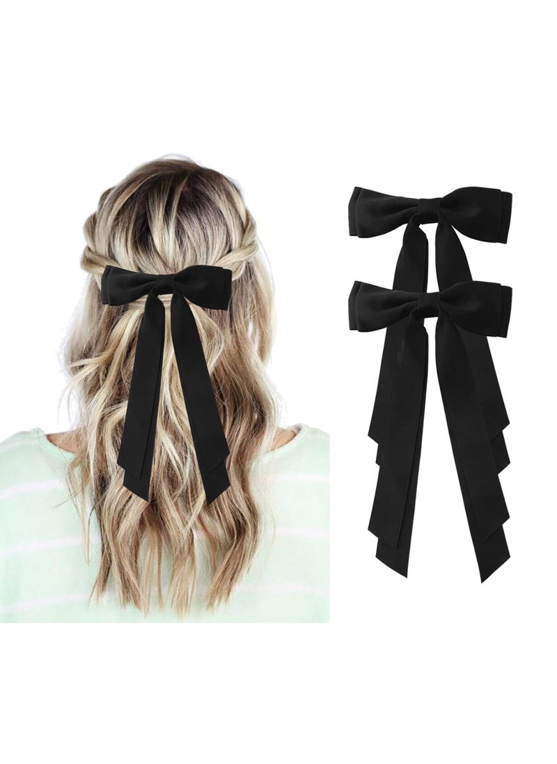 Ronger2000 Black Hair Bows for Women  2Pcs Silkly Satin Hair Ribbon Bow with Metal Clips Hair Accessories for Girls 