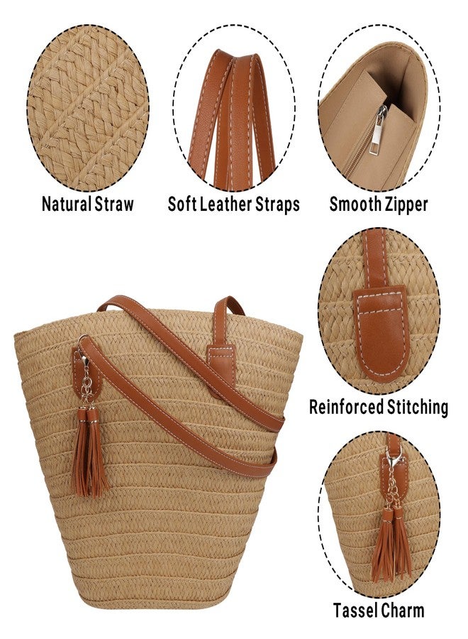 Youjaree Straw Beach Bags for Women Summer Beach Tote Bag Woven Shoulder Handbag Purse with Tassel (Brown-Style-1) - Image 4
