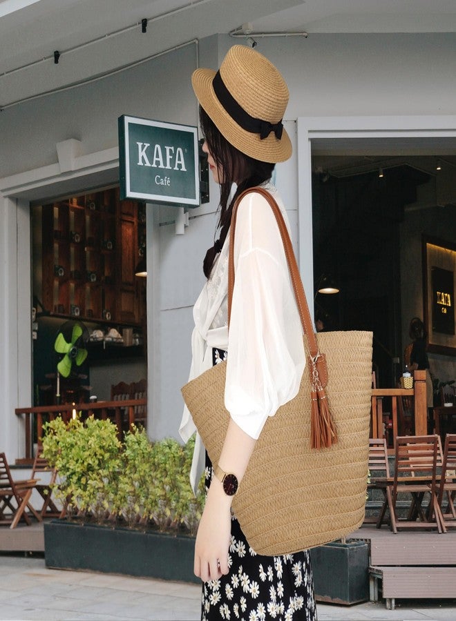 Youjaree Straw Beach Bags for Women Summer Beach Tote Bag Woven Shoulder Handbag Purse with Tassel (Brown-Style-1) - Image 2