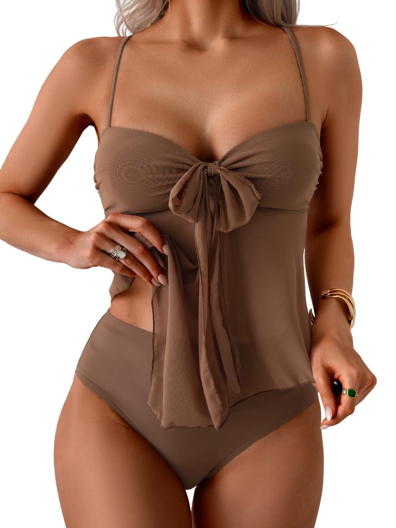B2prity Tankini Swimsuits for Women, Tummy Control Flowy Mesh Tops, High Waisted Bottoms, Coquette 2 Piece Bathing Suits Brown - Image 1