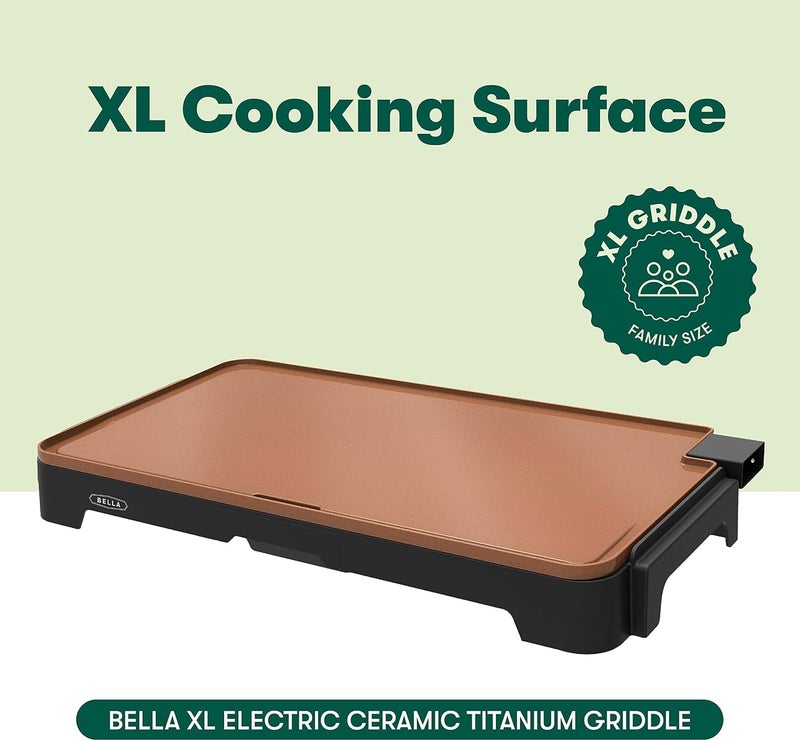 bella XL Electric Ceramic Titanium Griddle, Make 15 Eggs At Once, Healthy-Eco Non-stick Coating, Hassle-Free Clean Up, Large Submersible Cooking Surface, 12" x 22", Copper/Black - Image 3