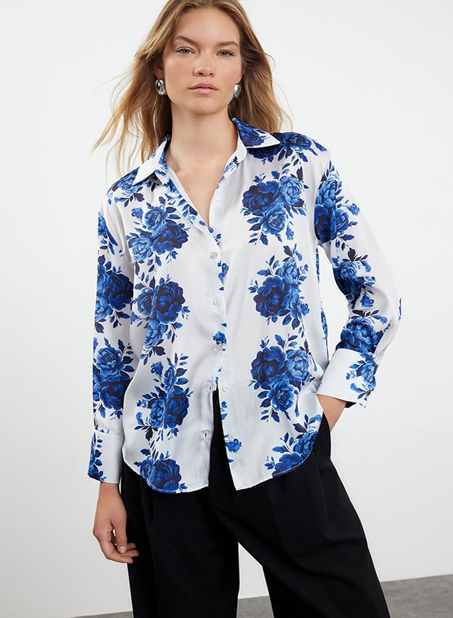 trendyol Navy Blue Woven Satin Rose Patterned Oversize Wide Fit Shirt TWOSS24GO00246 - Image 1