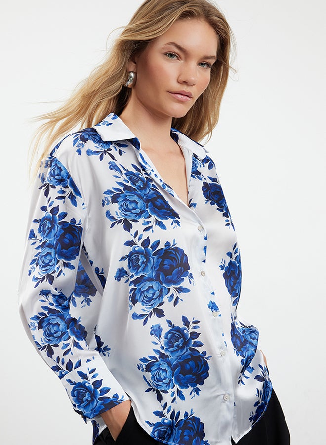 trendyol Navy Blue Woven Satin Rose Patterned Oversize Wide Fit Shirt TWOSS24GO00246 - Image 2