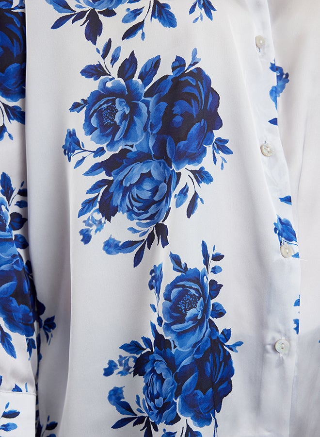 trendyol Navy Blue Woven Satin Rose Patterned Oversize Wide Fit Shirt TWOSS24GO00246 - Image 4