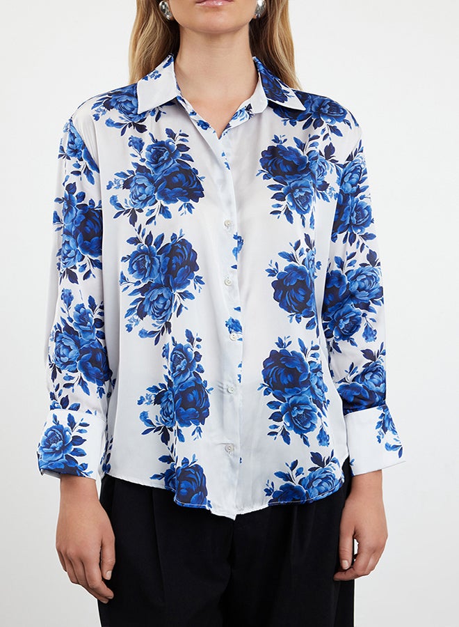 trendyol Navy Blue Woven Satin Rose Patterned Oversize Wide Fit Shirt TWOSS24GO00246 - Image 3