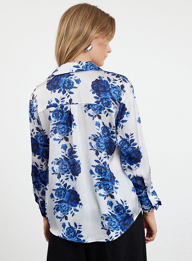 trendyol Navy Blue Woven Satin Rose Patterned Oversize Wide Fit Shirt TWOSS24GO00246 - Image 5