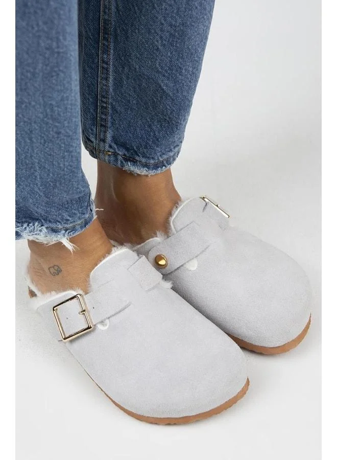 Manijero  Zeta Fur-Lined Women's Genuine Leather Fur-Lined Genuine Leather Belted Buckle Grey Slippers - Gray for Women | Best Price UAE