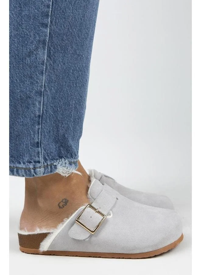 Manijero  Zeta Fur-Lined Women's Genuine Leather Fur-Lined Genuine Leather Belted Buckle Grey Slippers - Gray for Women | Best Price UAE
