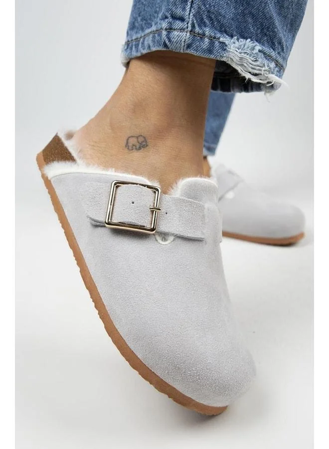 Zeta Fur-Lined Women's Genuine Leather Fur-Lined Genuine Leather Belted Buckle Grey Slippers - Gray