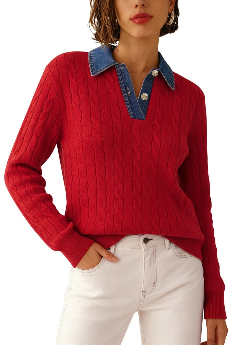 SAUKOLE Womenâ€™s Cable Knit Sweaters Long Sleeve Denim Lapel V Neck Loose Pullover Tops 2026 Fashion Sweater - Image 2