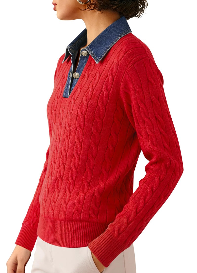 SAUKOLE Womenâ€™s Cable Knit Sweaters Long Sleeve Denim Lapel V Neck Loose Pullover Tops 2026 Fashion Sweater - Image 5