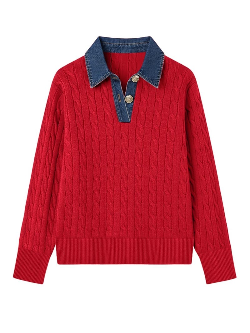 SAUKOLE Womenâ€™s Cable Knit Sweaters Long Sleeve Denim Lapel V Neck Loose Pullover Tops 2026 Fashion Sweater - Image 4