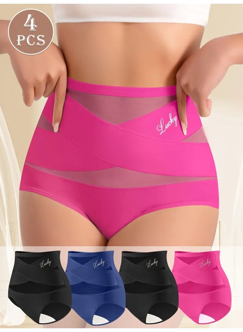 Lucky 4pcs Women’s High-Waist Briefs – Tummy Control Mesh Underwear, Solid Color Panties (Pink/Blue/Black/White), Breathable, Seamless, Everyday Comfort - Image 1