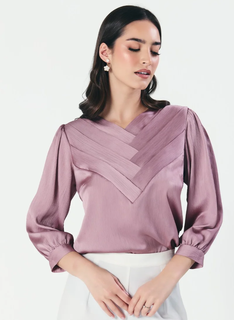 Zigzag Slanted Pleated Crepe Satin Plum-Purple Top