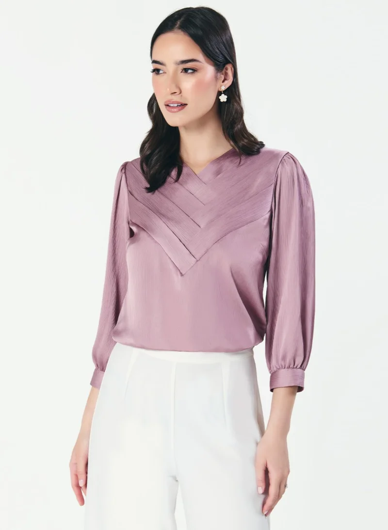 Zigzag Slanted Pleated Crepe Satin Plum-Purple Top