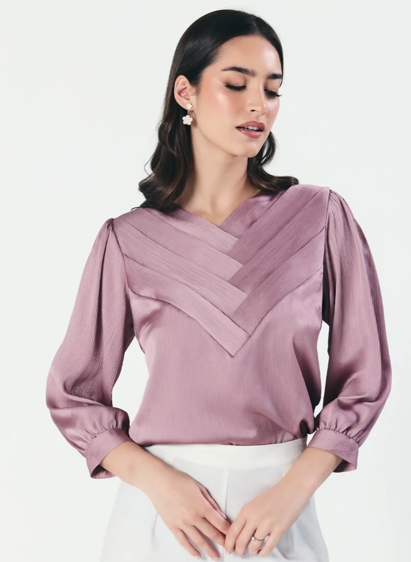 Zigzag Slanted Pleated Crepe Satin Plum-Purple Top