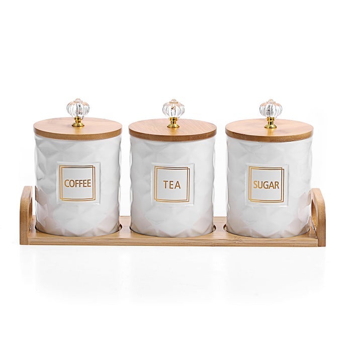 SET OF 3 CERAMIC CANISTERS SET FOR SUGAR COFFEE TEA WITH HANDLE TRAY LUXURIOUS STORAGE CONTAINERS SETS WITH LIDS DECORATIVE STORAGE POTS WHITE CERAMIC STORAGE JAR FOR KITCHEN DINING COUNTER