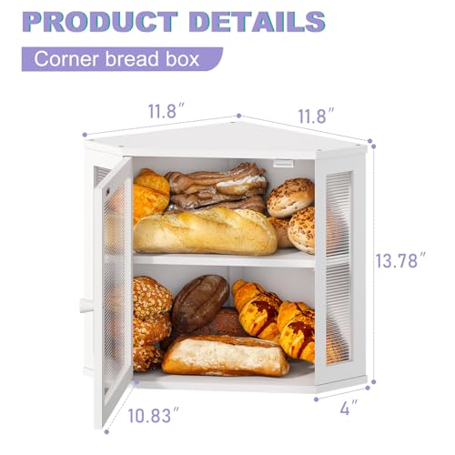 Wieghda Corner Bread box for Kitchen CountertopFarmhouse Bread Box with Acrylic Wavy Door PanelLarge Bread box for kitchen countertopKitchen Countertop Food Storage Container White Meduim - Image 3