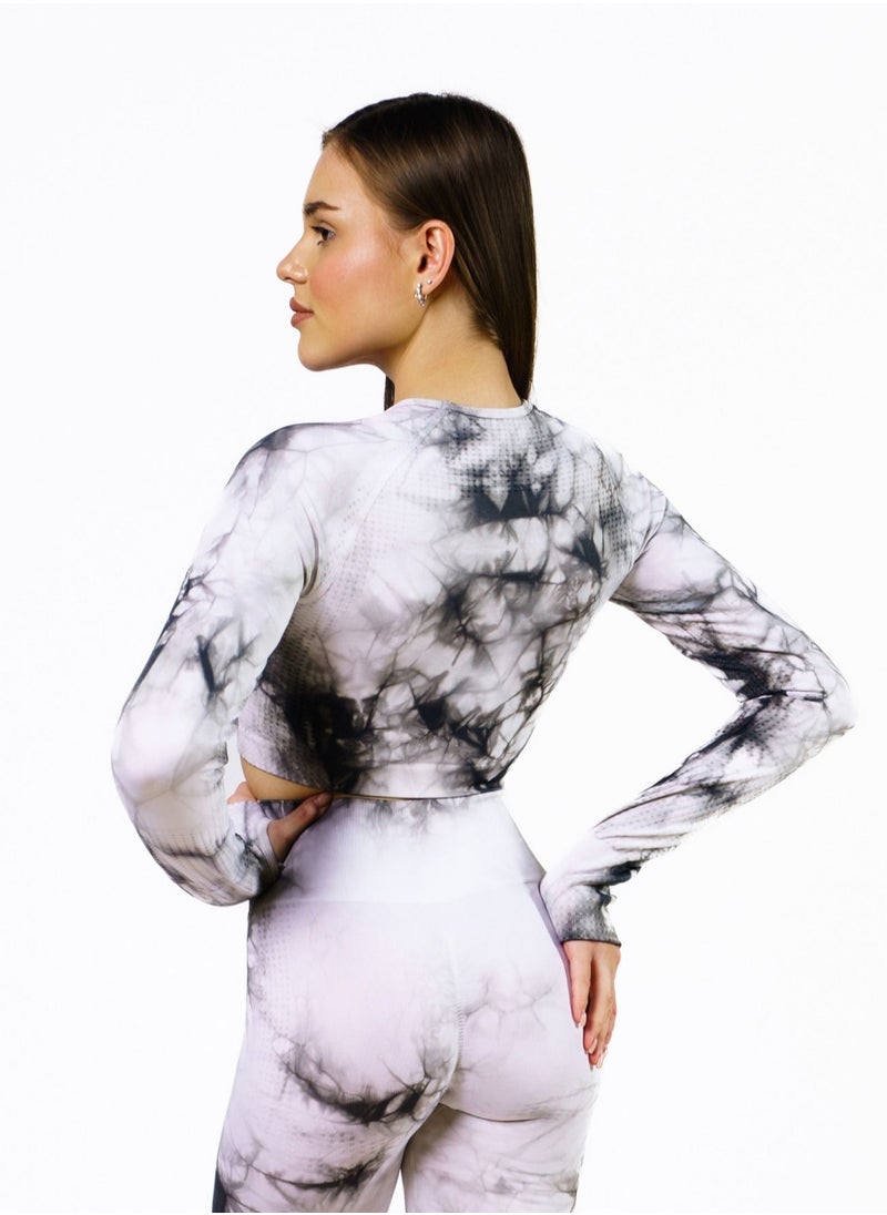Bernessi - Nylon Tie Dye Long Sleeve Crop Top with Round Neck Women's Cropped T Shirt for Workout Yoga Running Exercise Textured White Black Print - Image 1