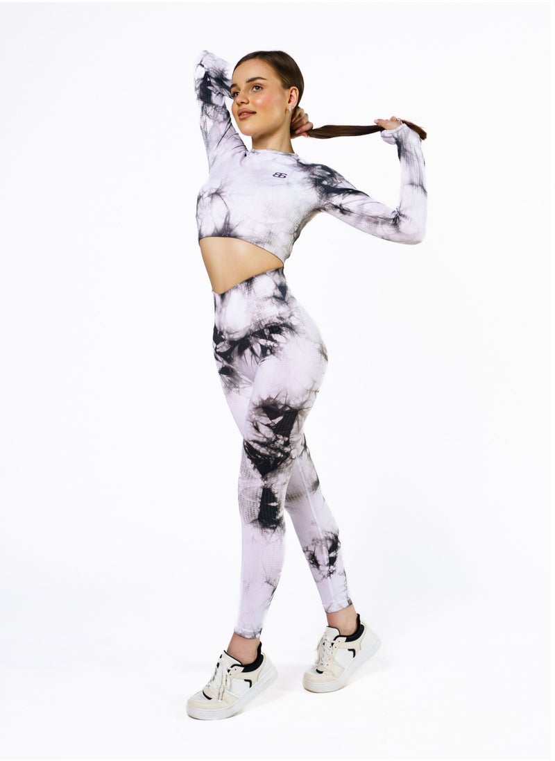Bernessi - Nylon Tie Dye Long Sleeve Crop Top with Round Neck Women's Cropped T Shirt for Workout Yoga Running Exercise Textured White Black Print - Image 1